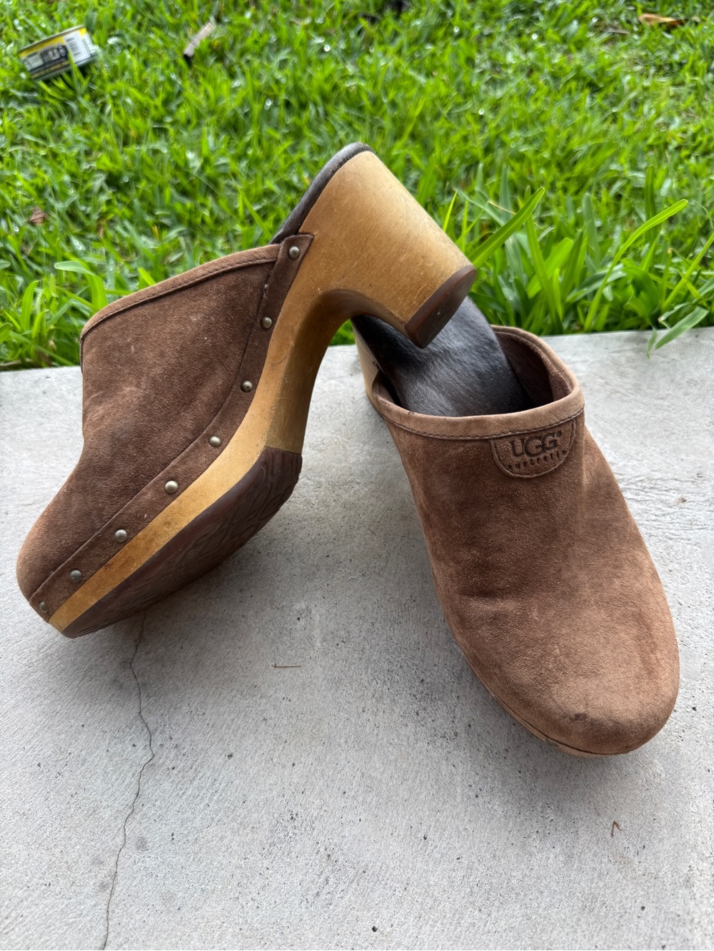 UGG Brown Suede Wooden Clog Mules
